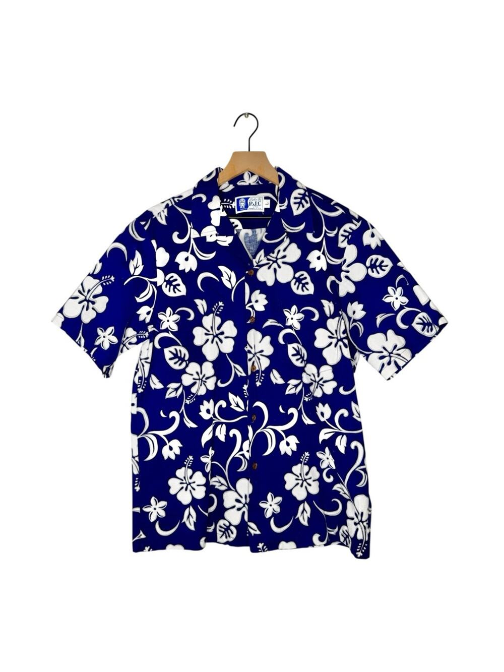 Vintage Hawaiian Shirt RJC Blue White Floral Aloha Shirt Made in Hawaii Large